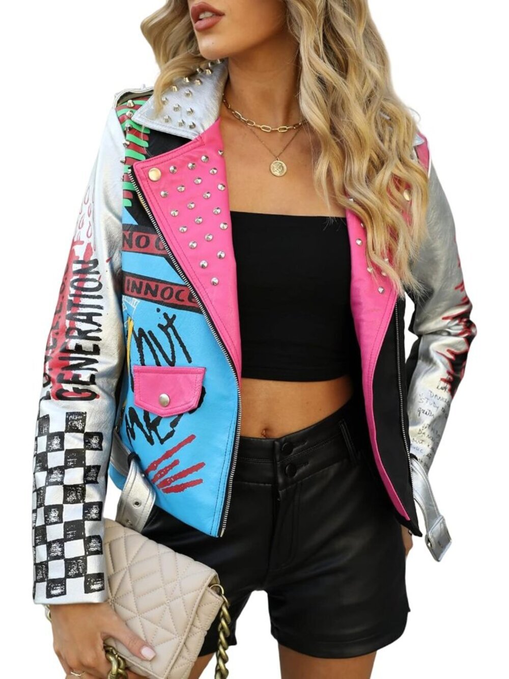 Faux Leather Jacket for Women Studded Rivet Floral Moto Biker Short Lapel Coat